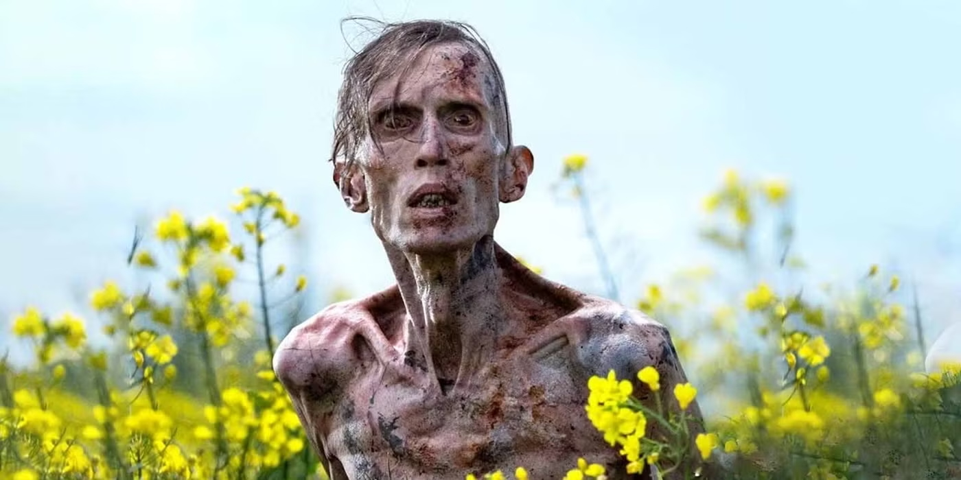 28 years later header - a desiccated zombie rises in a fields of flowers